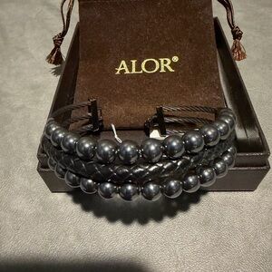 ALOR Men's Cable Bracelet Black Leather Hematite Made in Thailand